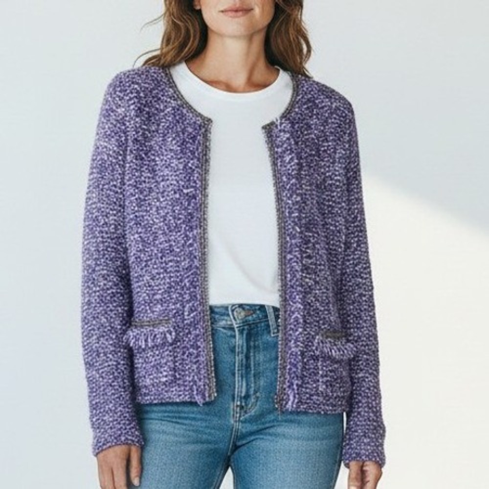Chico's Trudy Tweed Cardigan Sweater Wool Blend Victorian Purple Size Small 4